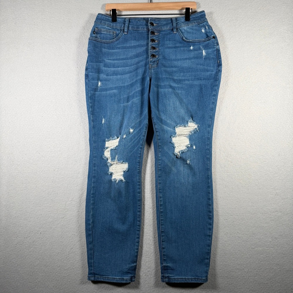 Judy Blue JB88528 Boyfriend Fit Distressed Button Fly Jeans Blue 14W